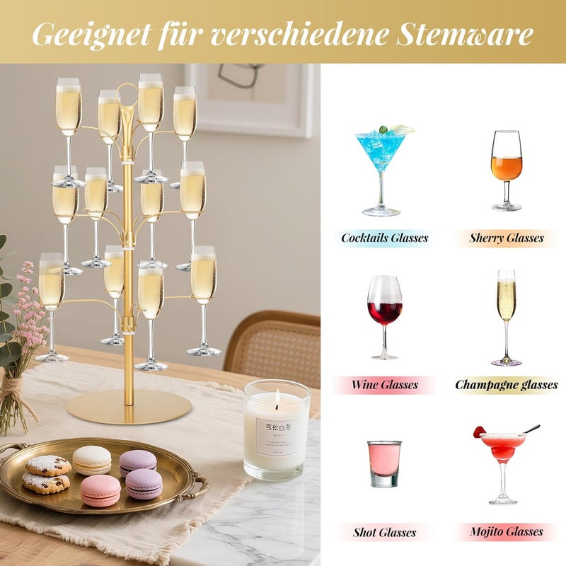 KUK Cocktail Tree Stand for Party, Metal Drink Tower with 3 Tier 12 Holders, Bar Drinks Tree Display Wine Glasses Holder Suitable for Champagne Cocktails Martini at Christmas Weddings Bridal Shower (Gold) - Image 4